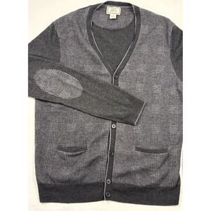 VTG Jos A. Bank Wool Plaid Two-Tone Gray Cardigan XL Elbow Patches Pockets